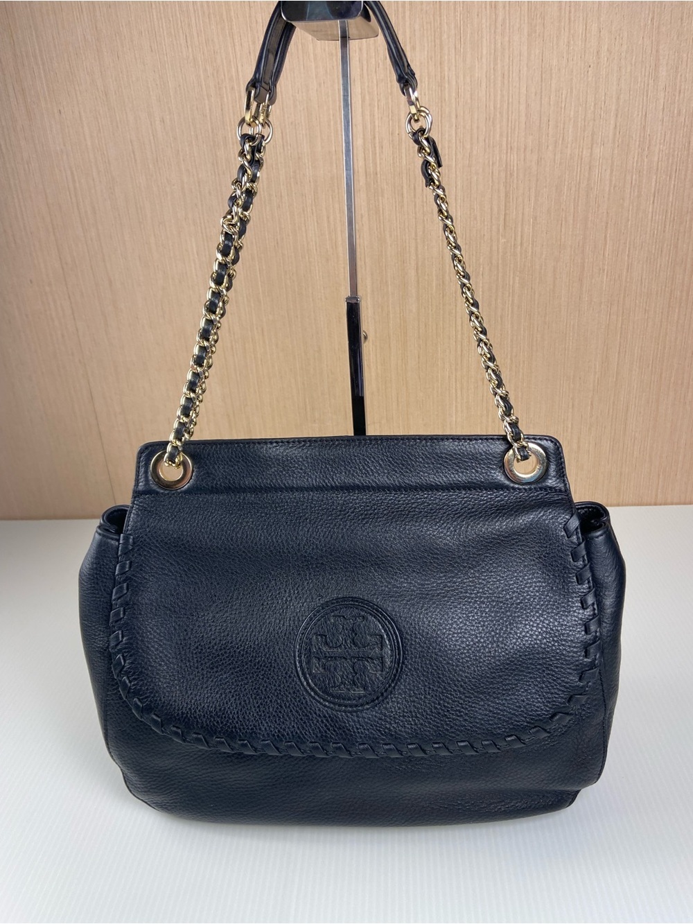 Tory Burch Black Pebbled Leather Convertible Gold Chain Shoulder Bag